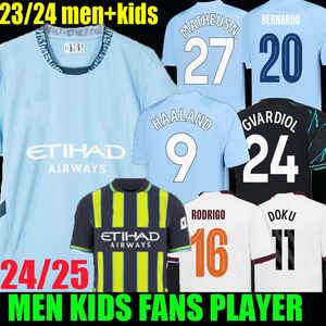 23 24 25 Haaland 축구 유니폼 홈 어웨이 Doku Rodrigo Grealish Mans Cities de Bruyne Foden 2024 25 25 Football Shirts 남자 키트 키트 챔피언 최종 팬 플레이어 버전