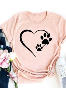 Kvinnors t-shirt Paw Love Heart Cute 90-tal Cat Dog Graphic T-shirt Women Basic T Fashion Print T-shirt Short Slve Ladies Clothes Top Clothing Y240506