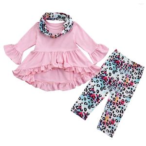 Giyim Setleri 1-5 yıllık çocuk bebek kız bebek kıyafeti uzun kollu düz renkli fırfır elbisesi gömlek üst pantolon eşarp seti