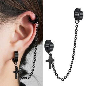 Stud 1 Stück Punk Fashion Black Cross Design gefälschte perforierte Ohrringe geeignet für Frauen Helles Zirkon Langketten -Party Schmuckgeschenke Q240507