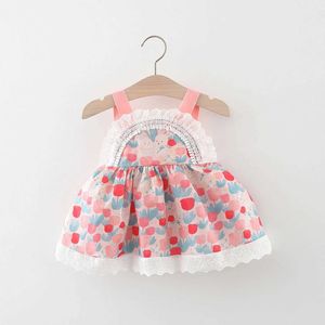 Girl's Dresses Summer 2024 Korean Little Girl Dress Lace Belt Backless Toddler Girl Dress Flower Print Casual Hem Baby Girl SlippersL2405