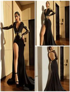Sexy Black Prom Dresses Deep V Neck Lace Applique Long Sleeve Side Split Evening Gowns Backless Beaded Evening Dress9079140