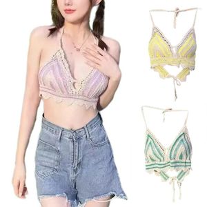 Women's Tanks Sexy Halterneck Backless Beach Camisole Bras For Women Ethnic Hollowed Out Crochet Knitted Striped Bustiers Vests