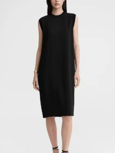 女性2024新しい夏のスタイルシンプルでファッショナブルな黒い丸いネックリブリブトリムノースリーレスシフトドレス