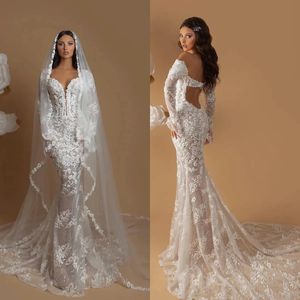 Elegant Lace Mermaid Wedding Dresses V Neck Long Sleeve Bridal Gowns Vestido De Novia Sexy Backless Custom Made Bride Dress