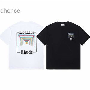 Marca de moda de designer de tendências masculinas e femininas Rhude Micro logotipo Rainbow Square Circle Impresso Tshirt de mangas curtas para homens Mulheres High Street Loose Half Sle