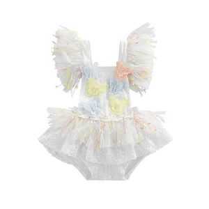 Rompers Baby Girls Romper Princess Mesh Nyfödda kläder ärmlös spets lapptäcke Gaze Colorful Futterfly Bodysuit Jumpsuit H240508