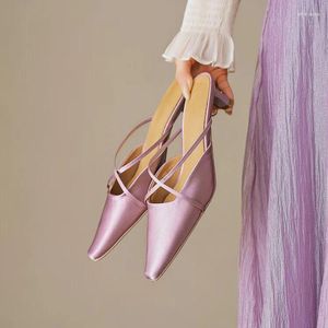 Отсуть туфли фиолетовые мелкие женщины весенние мулы с тонкими ремнями высокие каблуки Слиты серебряной кожа