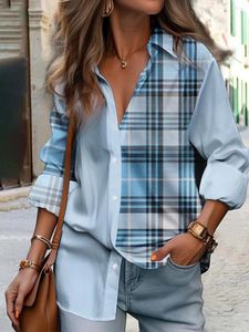 女性用ブラウスファッションシャツブルーグリーンピンクカラーブロックと格子縞のプリントボタン長袖カジュアルシャツフィットサマートップス