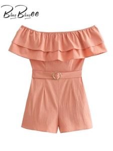 Kadın Tulumları Saldırganlar ile Kemer Tiersred Ruffles Off Ops Oms Playsuit Summer Sleevs Yüksek Bel İnce Kısa Tulum Y2K D240507