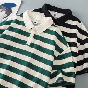 男性と女性のための日本の縞模様の短袖ポロシャツ夏ヘビー級ポロカラーTシャツカジュアルハーフスリーブトップ240507
