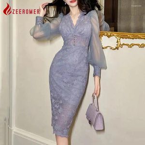 Casual Dresses 2024 French Elegant Lace V-Neck Slim Dress Office Lady Sexy Luxury Wrap Hip High Waist Sheer Mesh Bubble Sleeve Party