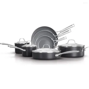 Cookware Sets 11-Piece Pots And Pans Set Oil-Infused Ceramic With Stay-Cool Handles PTFE- PFOA-Free Dark Grey