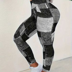 Женские леггинсы женская плюс размер Slim Fit Print Print Patch Works Клетчатые брюки с высокой талией спортивные брюки y240508
