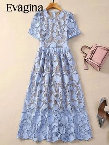 Sukienki imprezowe Evagina moda Projektanta pasa startowego damskie letnia okrągła szyja krótkie rękawie haczyk kwiat pusty niebo niebieski sukienka