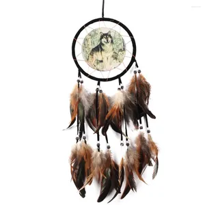 Estatuetas decorativas Wolf Totem Dream Catcher Handmade Decorações domésticas Ornamentos negros adereços com automóvel de contas de penas