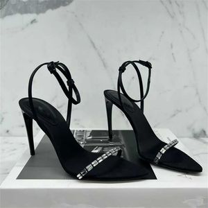 Stylish Sexy Rhinestone Sandals With High Heels Open Toe Side Air Sandals Black Pointed Slim Heel Sandals Summer Sandal Women 240228