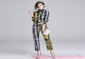 2019 Women Retro Set Traditional Dress Suit long sleeve European Noble Gold Printed Shirt + Pleat Skirt Pant Casual Suits size M-XXL4516698