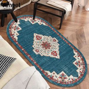 Tapete oval oval carpete azul vermelho étnico carpete persa de luxo de luxo de cabeceira de cabeceira de cabeceira decoração da sala de estar lavável tapetes dobrados j240507
