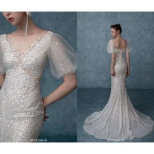 Denizkızı Bling Tasarım Pulları ile Modern Düğün Boncuklar Gelin Elbise Şık Mücevher Kısa Kollu Vestidos De Novia Özel Yapımı Chen