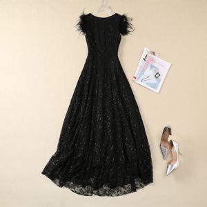 Лето черное цветочное кружевное платье без рукавов круглые блески для шеи длинные макси -повседневные платья S4A250412