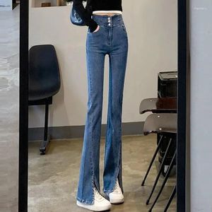 Jeans femminili vintage alta bagliore donne donne elastiche wash wash wash split pantaloni in jeans alla moda blu magro