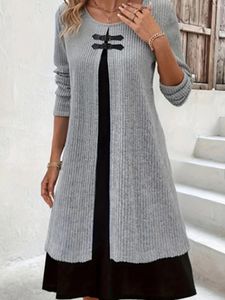 Plus Size Dresses Colorblock Ribbed Dress Casual Crew Neck Long Sleeve Women's Clothing