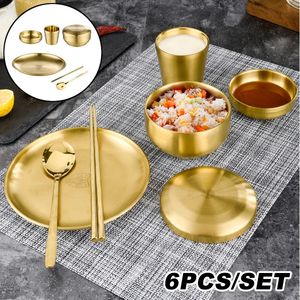 6Pcs Stainless Steel Korean Tableware Set Barbecue Restaurant Cup Spoon Chopsticks Dinner Plate 240508