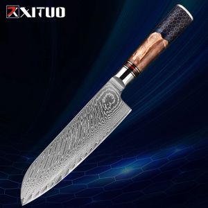 Santoku Knife 7 inch,Damascus Chef Knife VG-10 Steel Blade Japanese Knife,Sharp Kitchen Knife Chopping Knife Pro Cutting Knife