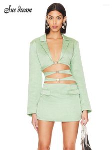 Casual Dresses Women's Hollow Out Waist Dress Lace Up V Neck Sexy Party For Women Light Green Long Sleeve Summer Elegant 2024