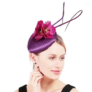 Lila fest tillfälle huvudstycke satin bröllop fascinator hattar eleganta kvinnor damer blommor huvudbonader med hårklämmor tillbehör