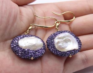 GuaiGuai Jewelry Natural Purple Keshi Freshwater Pearl CZ Paved Gold Plated Hook Dangle Earrings Handmade For Women Fashion Jewelr4111700