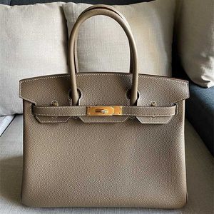 Handbag Platinum Heya Hand Sewn 30cm Lychee Pattern Top Togo Calf Elephant Grey Handbag Handmade Genuine Leather