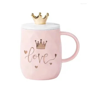Mugs Creative Pink Crown Mug Nordic Romantic Ceramic Coffee Cup With Lid Spoon Unique And Novel Shape