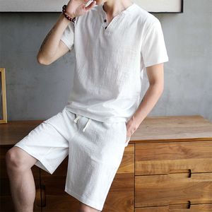 夏の綿とリネンセット、メンズリネン半袖Tシャツ、トレンディな韓国語バージョン、カジュアルブッダスタイル、ハンサムソーシャル服