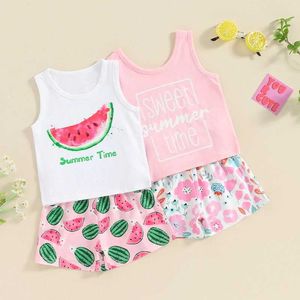 Set di abbigliamento per bambini Shorts Shorts Set di lettere da stampare per canotte da stampa a maniche e pantaloncini di anguria di fiori estate in 2 pezzi Outfit H240508