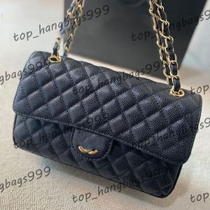 Caviar Leather Girls Classic Double Flap Quilted Shoulder Bags With Gold Chains Strap Crossbody Handbags Large Capacity Outdoor Messenger Purse 25x13cm