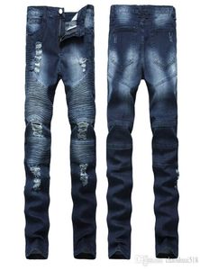 High street trend hole jeans European and American men039s locomotives wrinkles slim pants BIKER JEANS nostalgia9112766