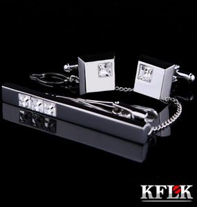 KFLK Cuff links Good High Quality silver necktie clip for tie pin for men White Crystal tie bars cufflinks tie clip set Jewelry7609687