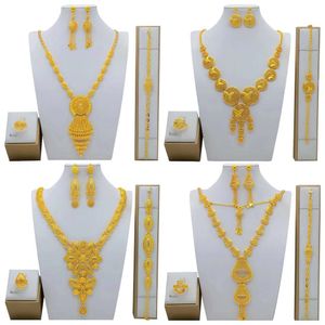 New Dubai Gold Jewelry Set Arab Bride Wedding Necklace Bracelet Earrings Ring Suitable For Wedding And Elegant Evening Parties