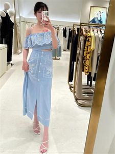 Work Dresses Summer 2024 Women Embroidery Hollow Out Blue Set Ladies Ruffle Edge Shoulder Strap Top Female Single Breasted Sweet Skirt