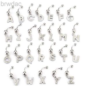 Navel Rings Letters A-Z Belly Button Ring Navel Piercing Bar Dangling Stud Crystal Stainless Steel Zircon for Woman Body Jewelry 14G d240509