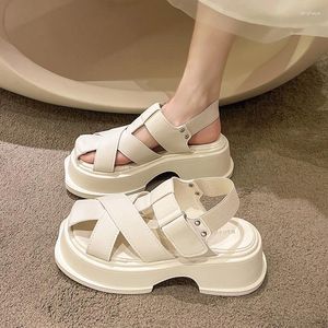 Casual Shoes Clogs Wedge Low Sandals Woman Leather All-Match Heel Shoe Thick Open Toe Suit Female Beige Buckle 2024 Summer Muffins Platf