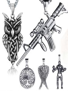 Retro Ancient Silver Hip Hop Halskette Schmuck Set Edelstahl -Motorrad -Waffen -Eulen Engelsbaum des Lebens Anhänger Halsketten mit 5148132