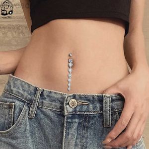 Navel Rings 7 Heart Crystals Long Dangled Belly Button Rings Surgical Steel Cute Navel Piercing Nombril 14g Cuved Bar Body Piercings Jewelry d240509