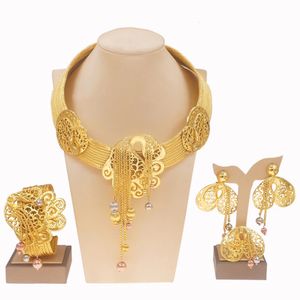 Brazilian Gold Plated Jewelry Sets For Women Luxurious Wedding Dinner Dangle Earrings Copper Material No Color Change 240425