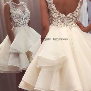 2021 New Lovely Short Lace Sleeveless Bridal Wedding Dresses Knee Length Illusion O Neck Wedding Gowns for Bride Cut Out Back