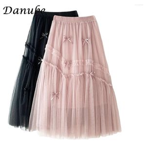 Skirts Elegant Irregular Patchwork Tulle Long Women Spring Summer Korean Bow High Waist Mesh Pleated Tutu Female Faldas