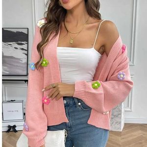 Women's Knits Tees Womens hand hook embroidered flower sweet knitted cardigan sweater autumn Cavai lazy casual loose oversized Harajuku jacketL2405