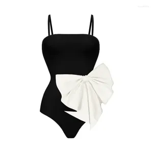 Women's Swimwear Color Block Off Shoulder Bow One Piece Fashion Solid Sexy Swimsuit 2024 Women Beach Bathing Suit Beachwear